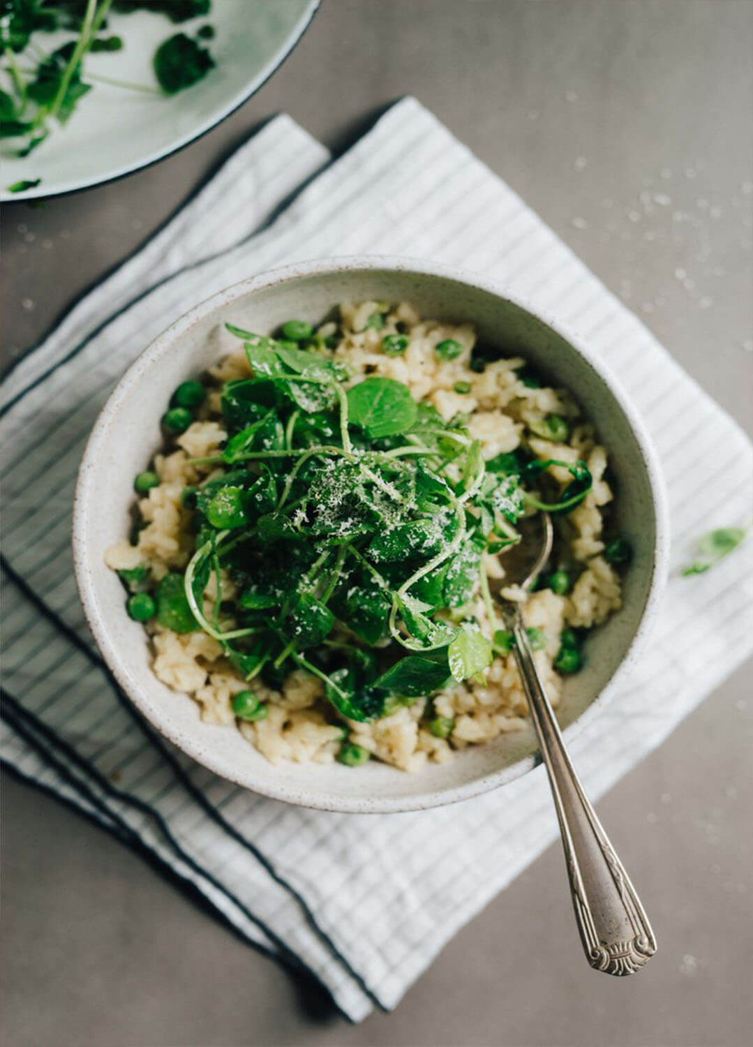 SWEET PEA OVEN RISOTTO W/ GARLIC PEA SHOOTS